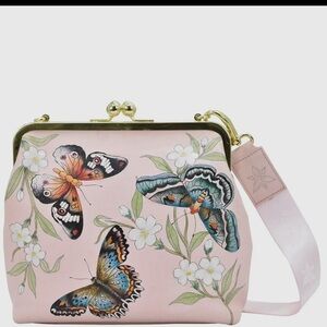 Floral Butterfly Pink Handbag kisslock hand painted leather